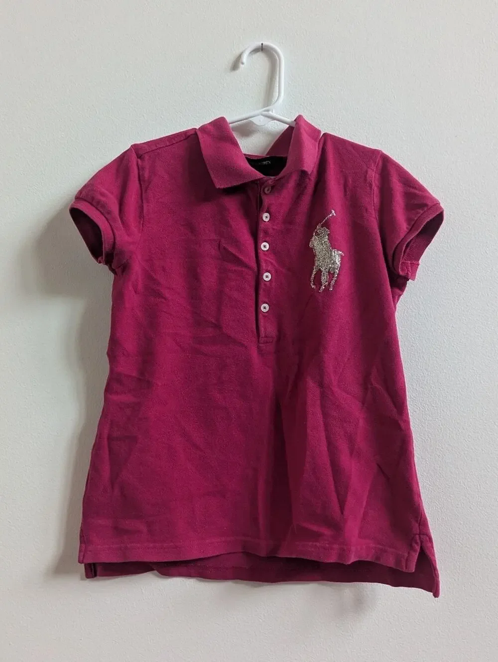Ralph Lauren Polo Shirt 8-10 Magenta Pink Sequin Pony Preppy